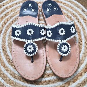 Jack Rogers Palm Beach Flat Sandals Navy/ White Leather Size 8